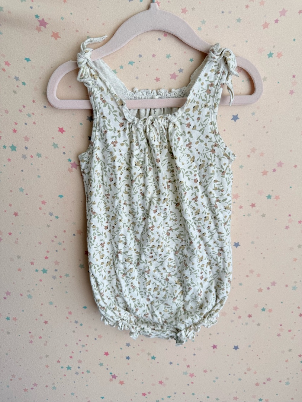 Rylee + Cru Cream Floral Romper with Olive and Light Brown Leaves